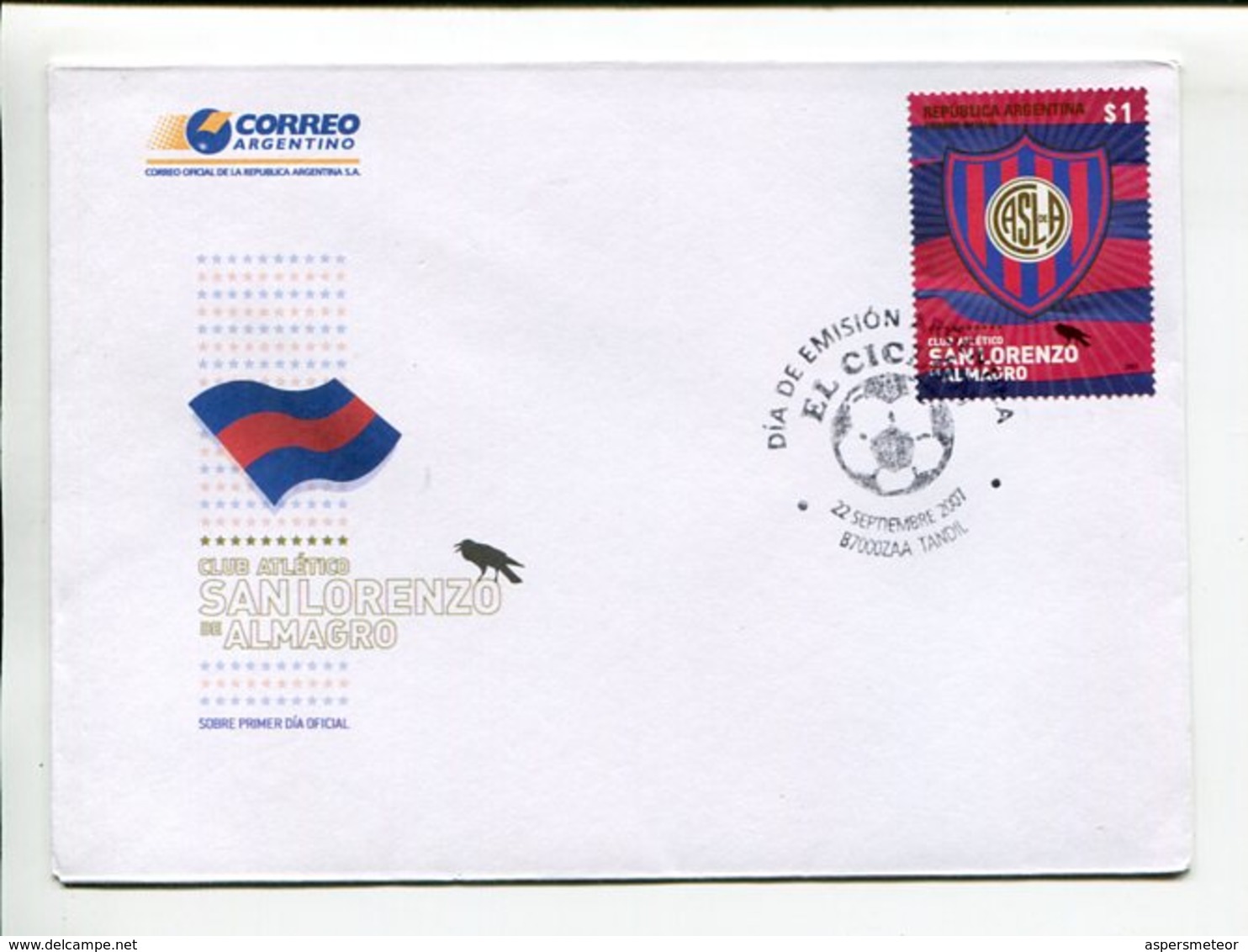 CLUB ATLETICO SAN LORENZO DE ALMAGRO, FUTBOL, FOOTBALL. ARGENTINA AÑO 2007 SOBRE PRIMER DIA, ENVELOPE FDC -LILHU - Clubs Mythiques