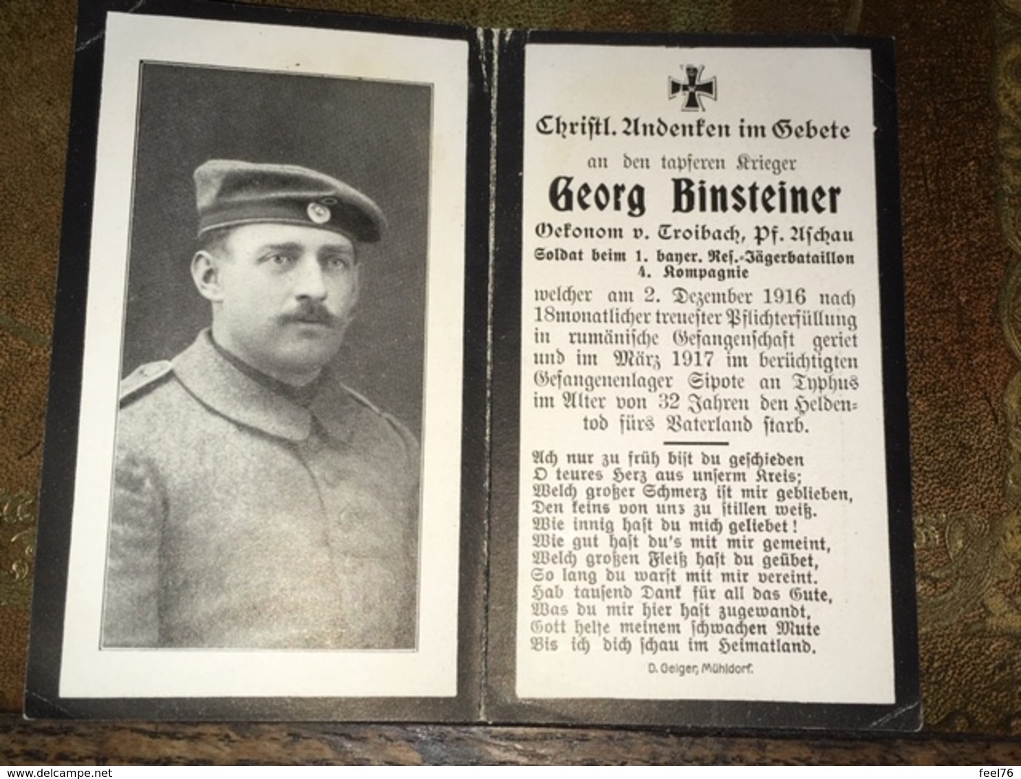 Sterbebild Wk1 Bidprentje Avis Décès Deathcard 1. Res. Jäger Batl. Rumänien SIPOTE 1917 Gefangenenlager TYPHUS Troibach - 1914-18