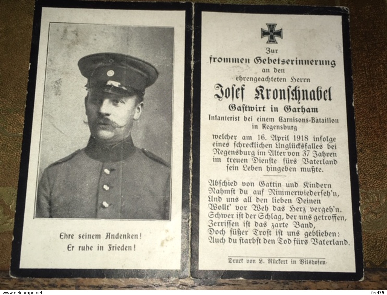 Sterbebild Wk1 Bidprentje Avis Décès Deathcard Garnisons Bataillon Regensburg Schrecklicher Unglücksfall Aus Garham - 1914-18