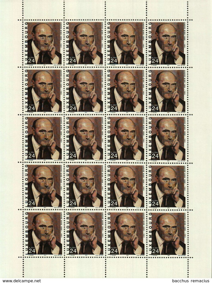 Luxembourg Feuille De 20 Timbres à 0,59 Euro André GIDE (1869-1951) 2001 - Full Sheets
