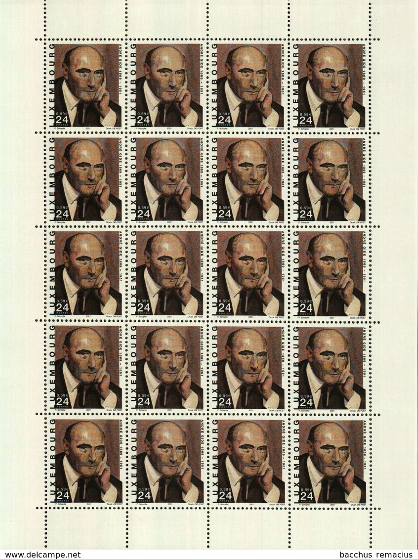 Luxembourg Feuille De 20 Timbres à 0,59 Euro André GIDE (1869-1951) 2001 - Ganze Bögen