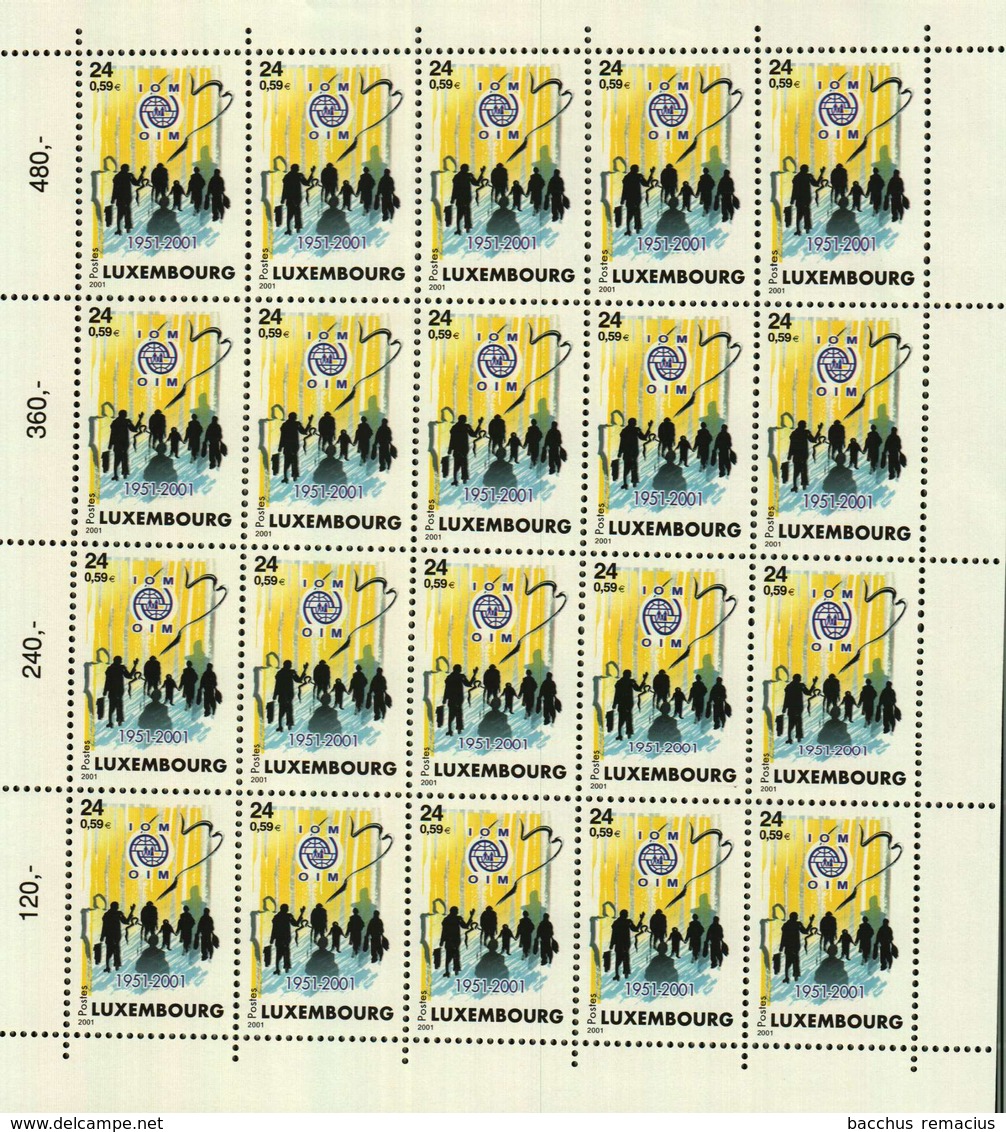 Luxembourg Feuille De 20 Timbres à 0,59 Euro Cinquantenaire Organisation Internationale Migrations 2001 - Volledige Vellen