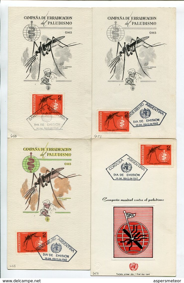 CAMPAÑA MUNDIAL CONTRA EL PALUDISMO. ARGENTINA AÑO 1962 LOTE 8 TARJETAS OBLITERES DIA DE EMISION FDC -LILHU - Enfermedades