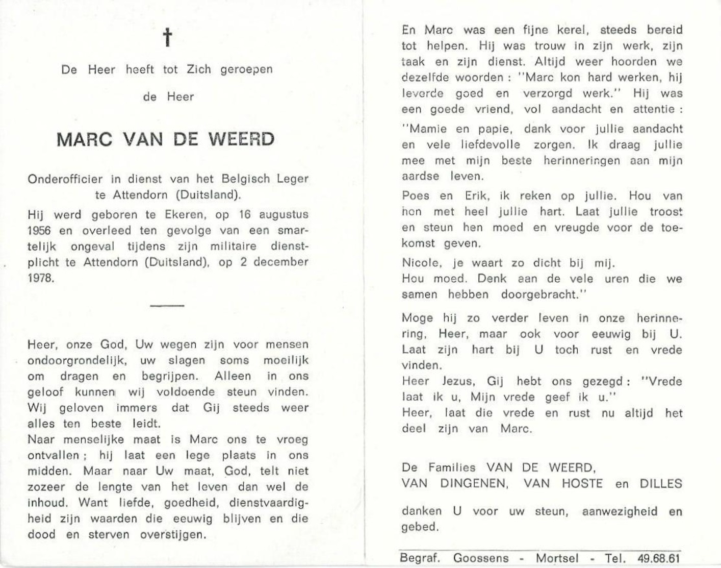 Doodsprentje Van Marc VAN DE WEERD- ° EKEREN 1956- Verongelukt Tijdens Militaire Dienst In Duitsland- 1978 (22 J) - Religion & Esotérisme