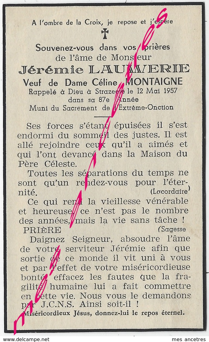 En 1957 Strazeele (59) Jérémie LAUWERIE Ep Céline MONTAIGNE 87 Ans - Décès