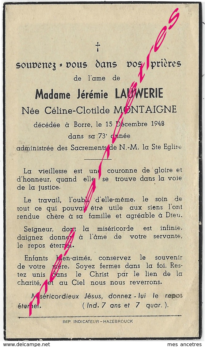 En 1948 Borre (59) Madame Jérémie LAUWERIE Née Céline MONTAIGNE 73 Ans - Décès