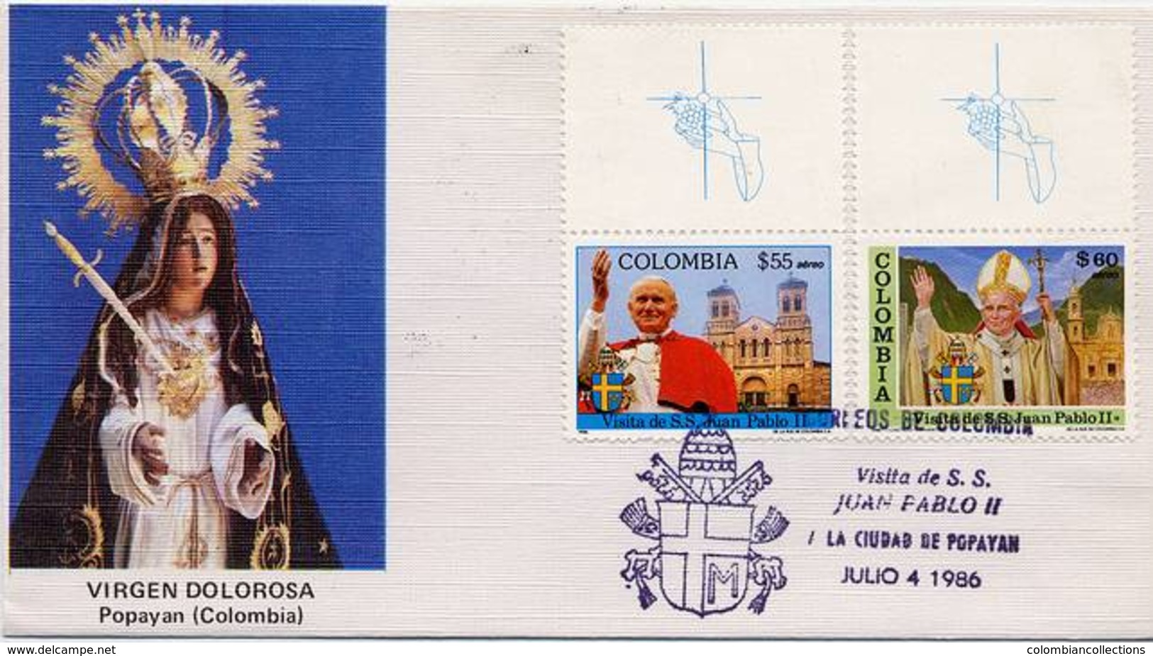 Lote 1704-5Fpuu, Colombia, 1986, SPD - FDC, Papa Juan Pablo II, Pope John Paul II, Popayan, Uvas-uvas - Colombie
