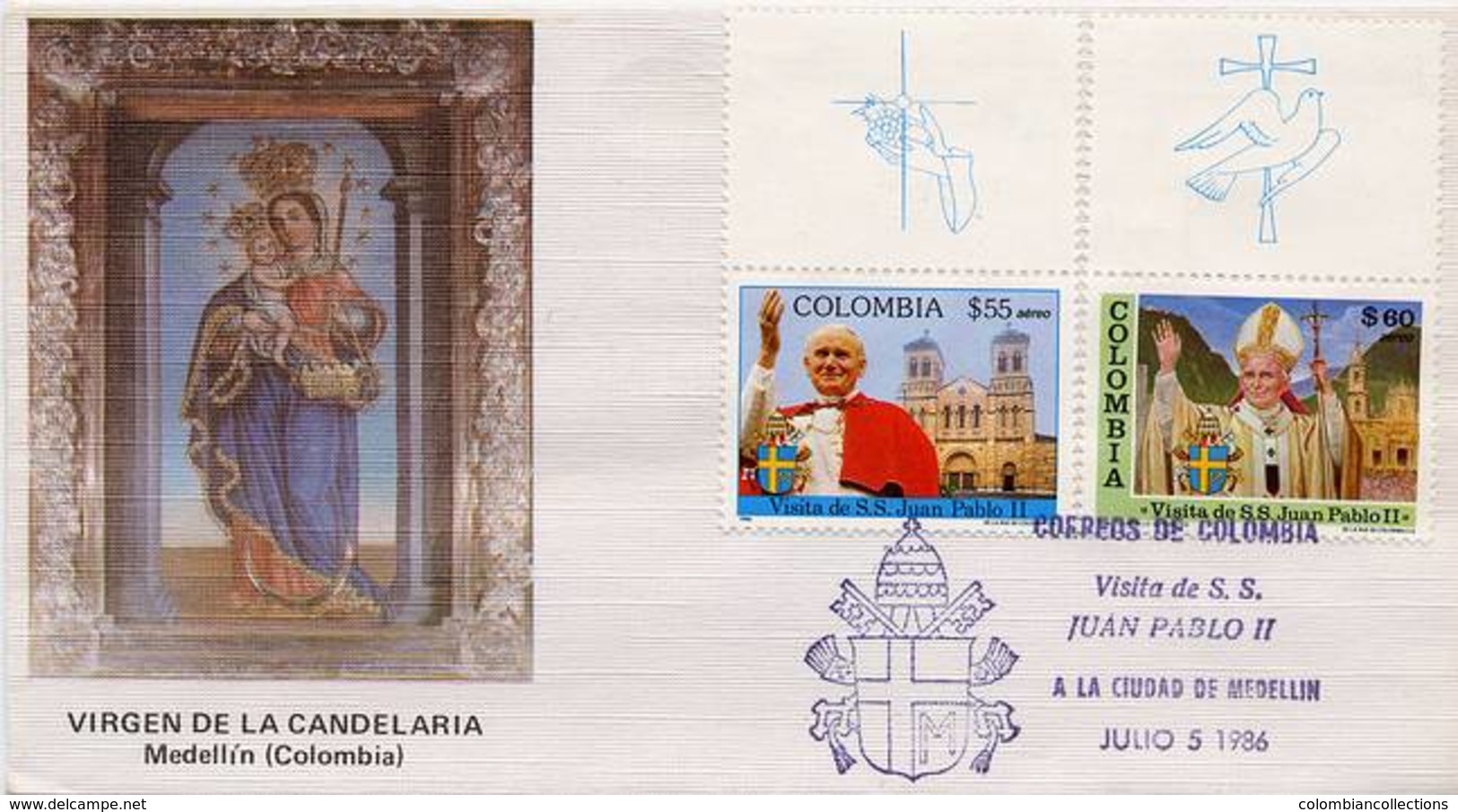 Lote 1704-5Fmup, Colombia, 1986, SPD - FDC, Papa Juan Pablo II, Pope John Paul II, Medellin, Uvas-paloma - Colombia