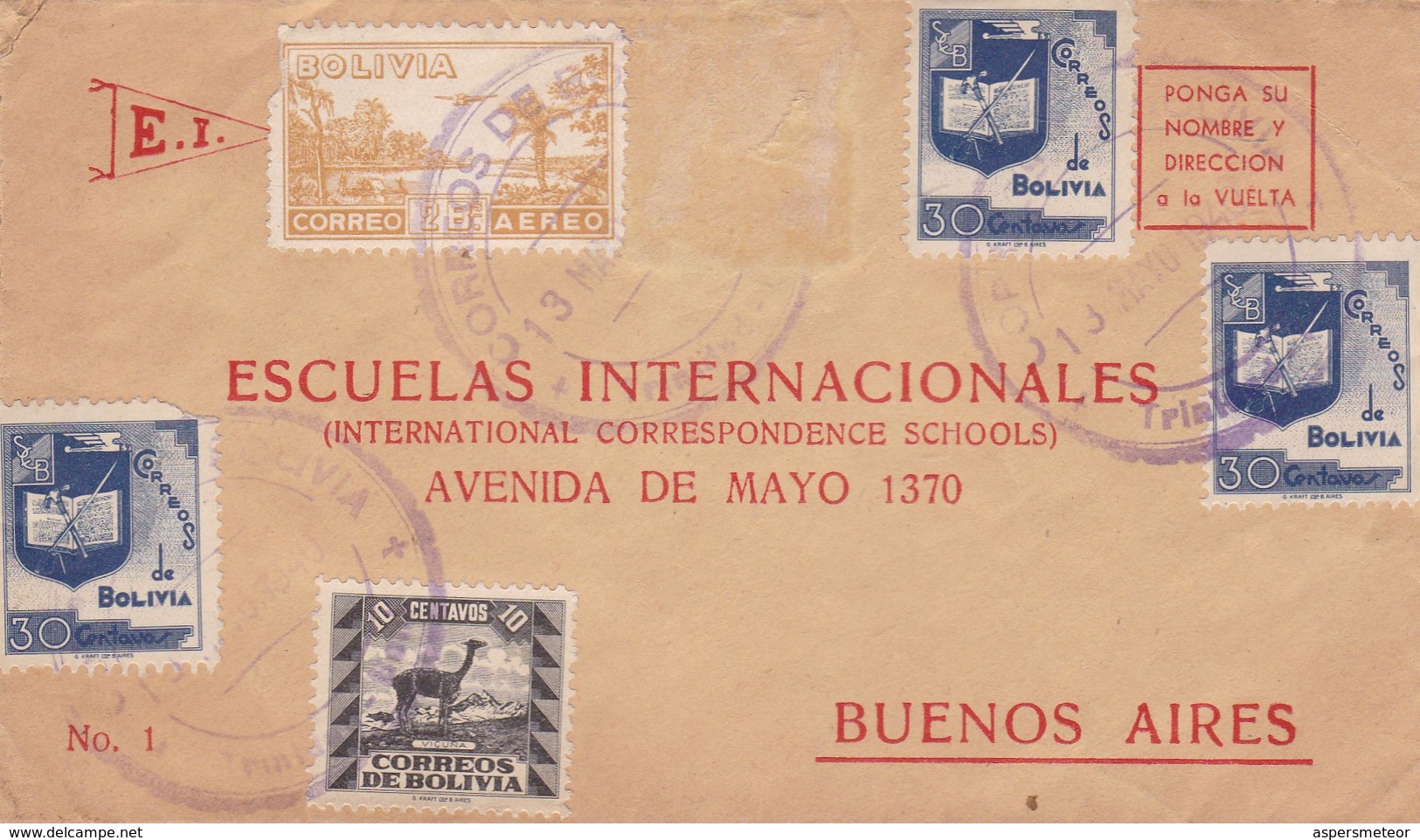 1940 COVER BOLIVIA: ESCUELAS INTERNACIONALES-CIRCULEE TO BUENOS AIRES, MIXED STAMPS- BLEUP - Bolivie
