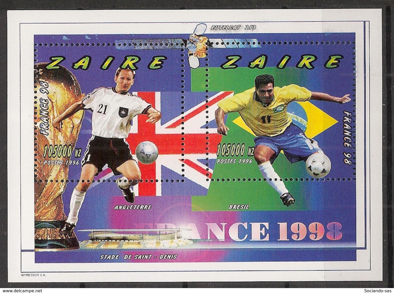 Zaire - 1997 - Bloc Feuillet BF N°Yv. 53 - Football World Cup France - Neuf Luxe ** / MNH / Postfrisch - Ungebraucht