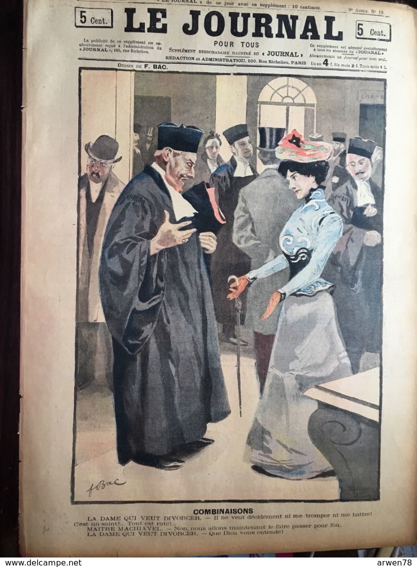 Le Journal Pour Tous 11 Mai 1899 Combinaisons Tribunal Divorce Avocat  Dessin Bac - 1850 - 1899