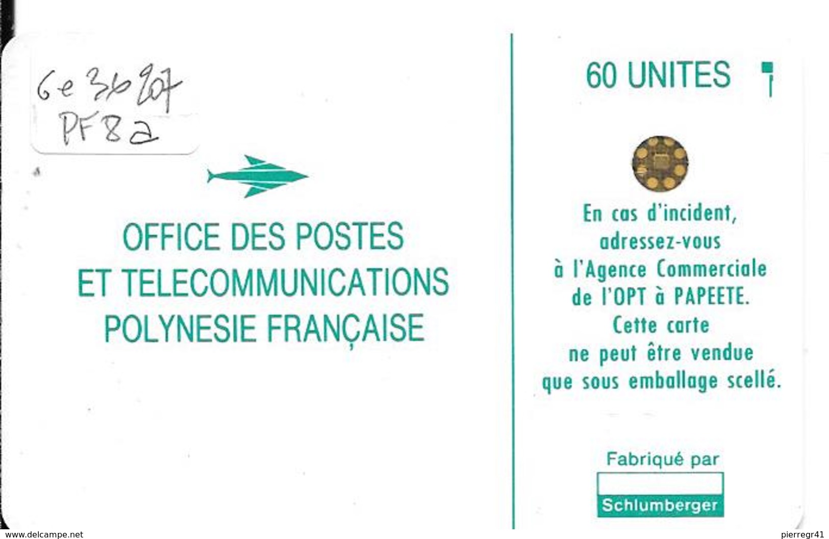 CARTE-PUCE-POLYNESIE-PF8a -SC4-60U-VAHINE VERTE-V° -5 Grands  Emboutis 36207-UTILISE-TBE- - Polynésie Française