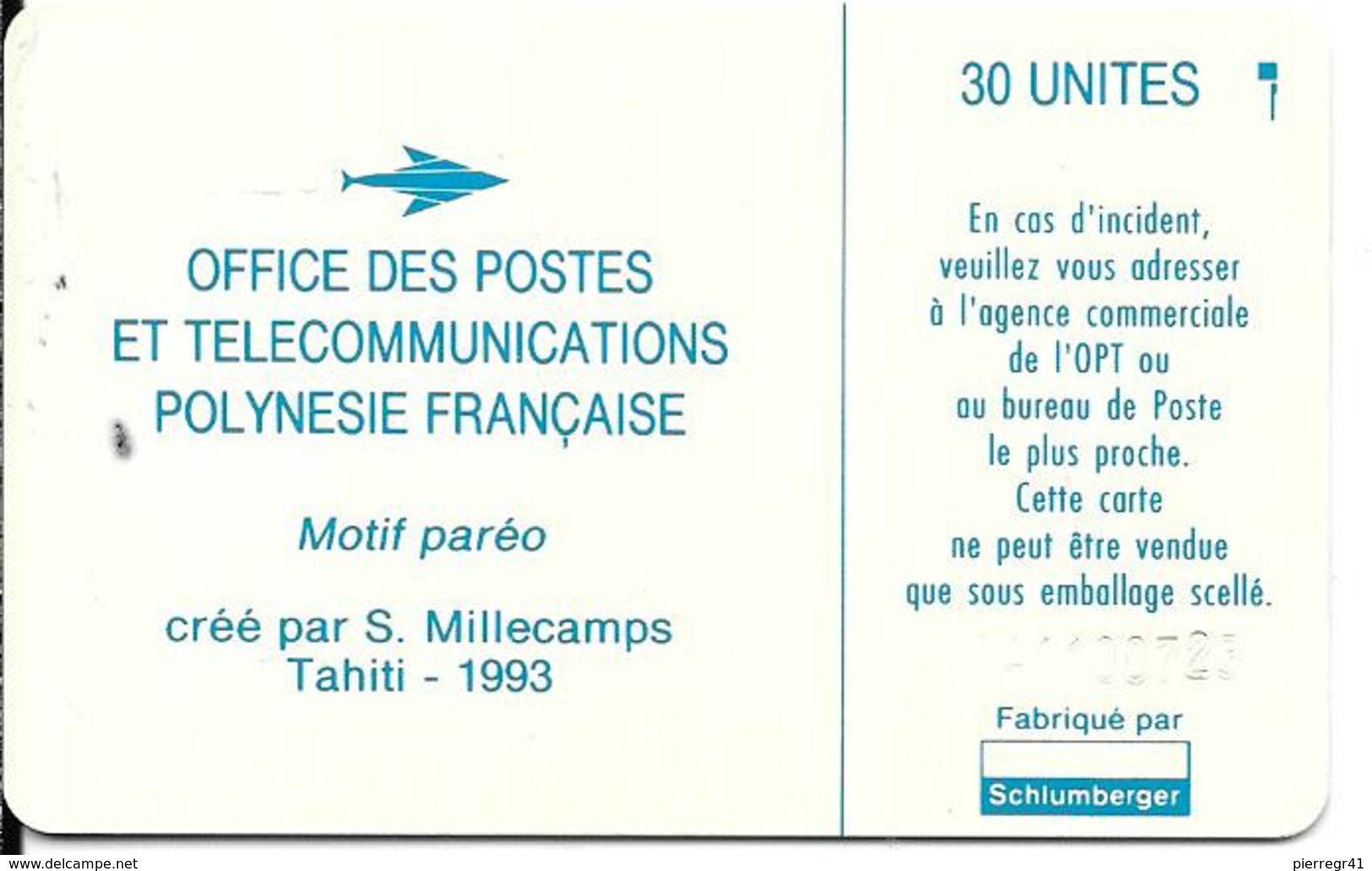 CARTE-PUCE-POLYNESIE-PF17a-30U-SC5-S/Entourage-PAREO BLEU Brillant-9 N°TGE-N°C41100723-UTILISETBE- - Polynésie Française