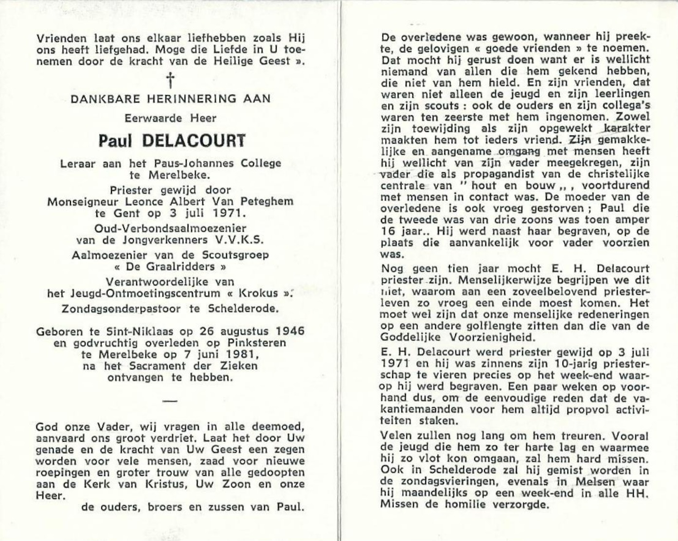 Doodsprentje Van Paul DELACOURT- Verbondsaalmoezenier V.V.K.S.- Leraar College MERELBEKE- ) Sint-Niklaas 1971- 34 Jaar - Religion & Esotérisme