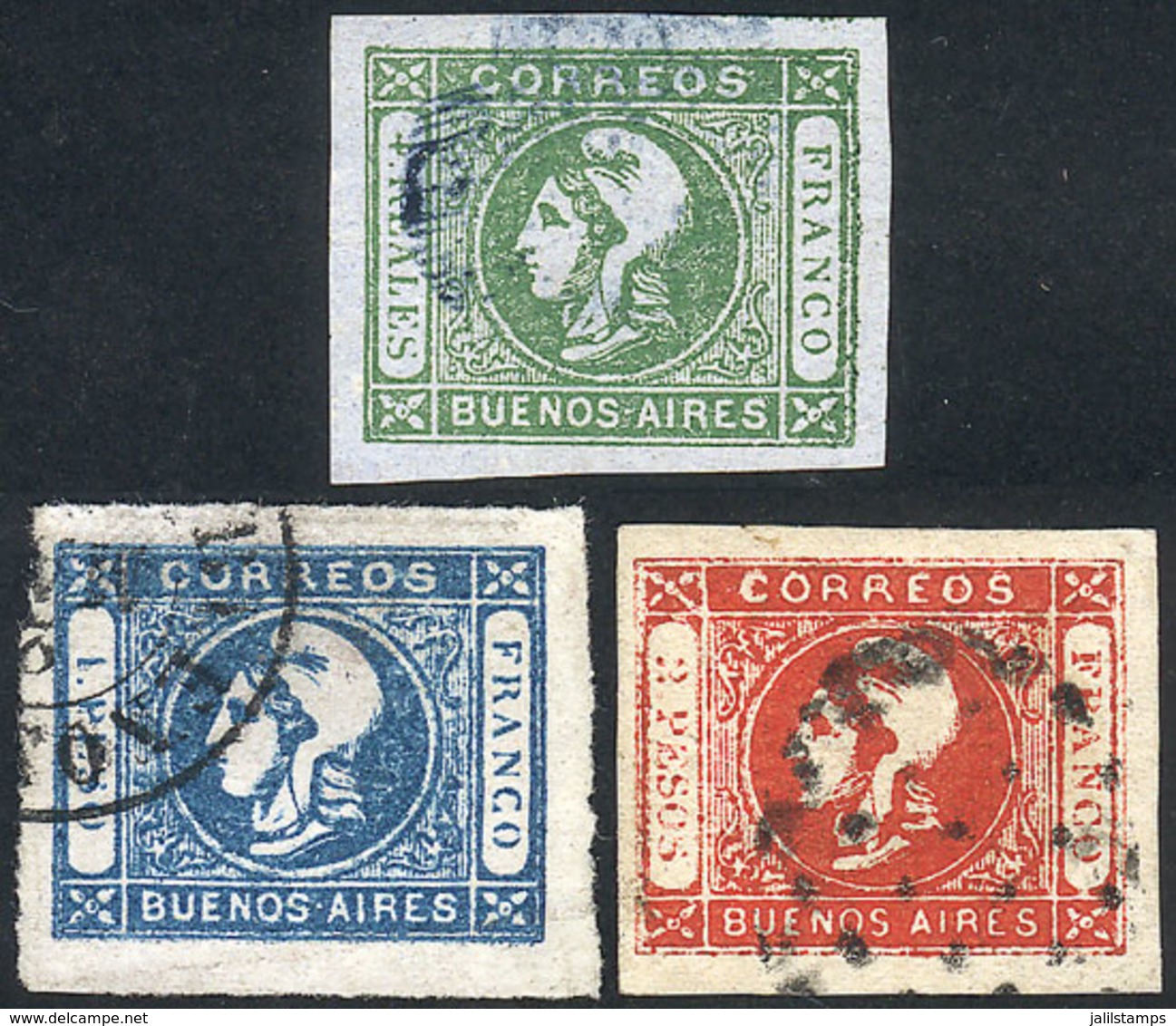 ARGENTINA: GJ.16/18, Worn Impression, Cmpl. Set Of 3 Values Of Premium Quality, With Very Large Margins, Fantastic Color - Buenos Aires (1858-1864)