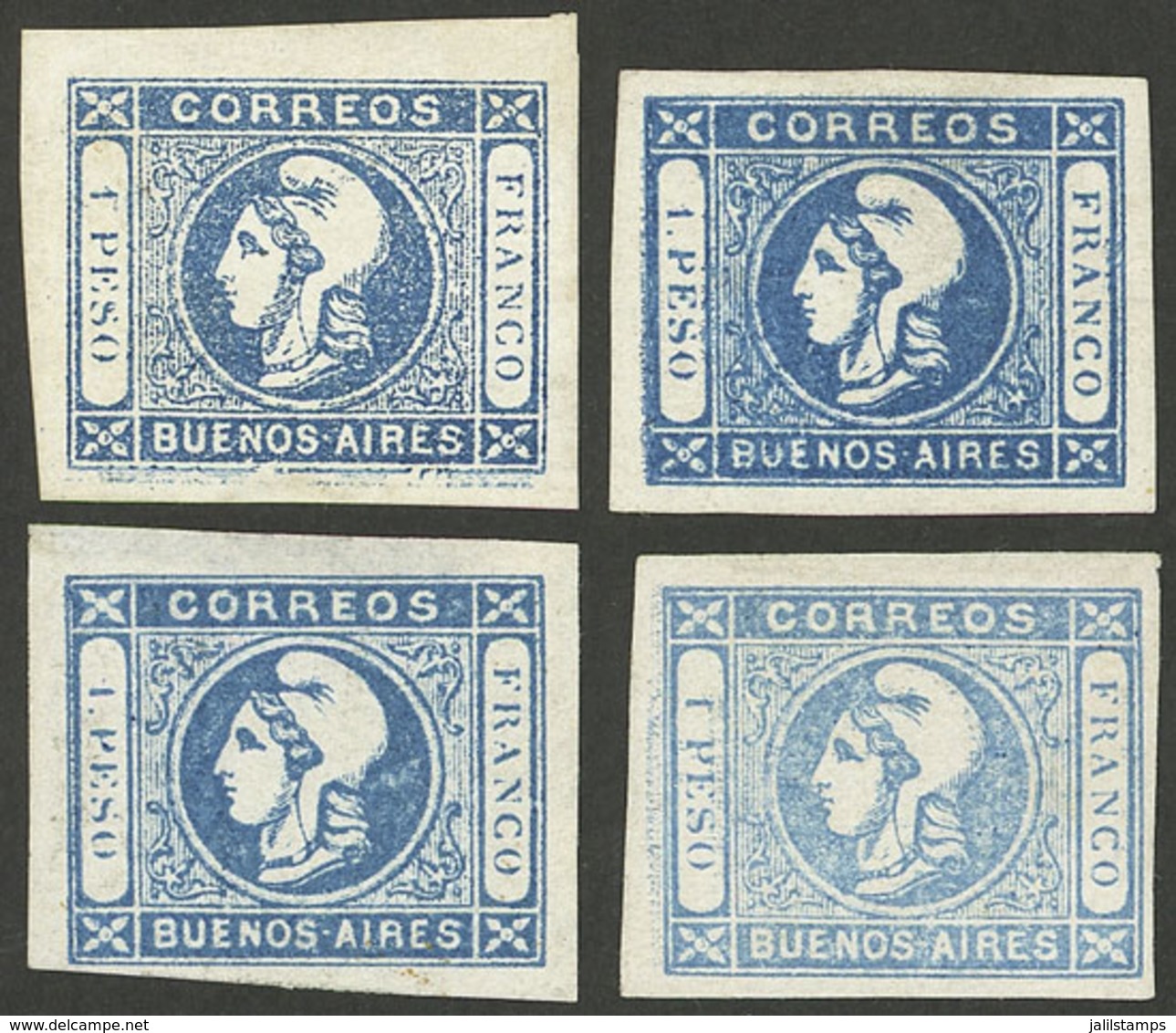 ARGENTINA: GJ.17 + 17m, 1P. In Blue, Dark Blue, Light Blue (in Thin Transparent Paper, GJ.17m) And Azure, Mint, Wide Mar - Buenos Aires (1858-1864)