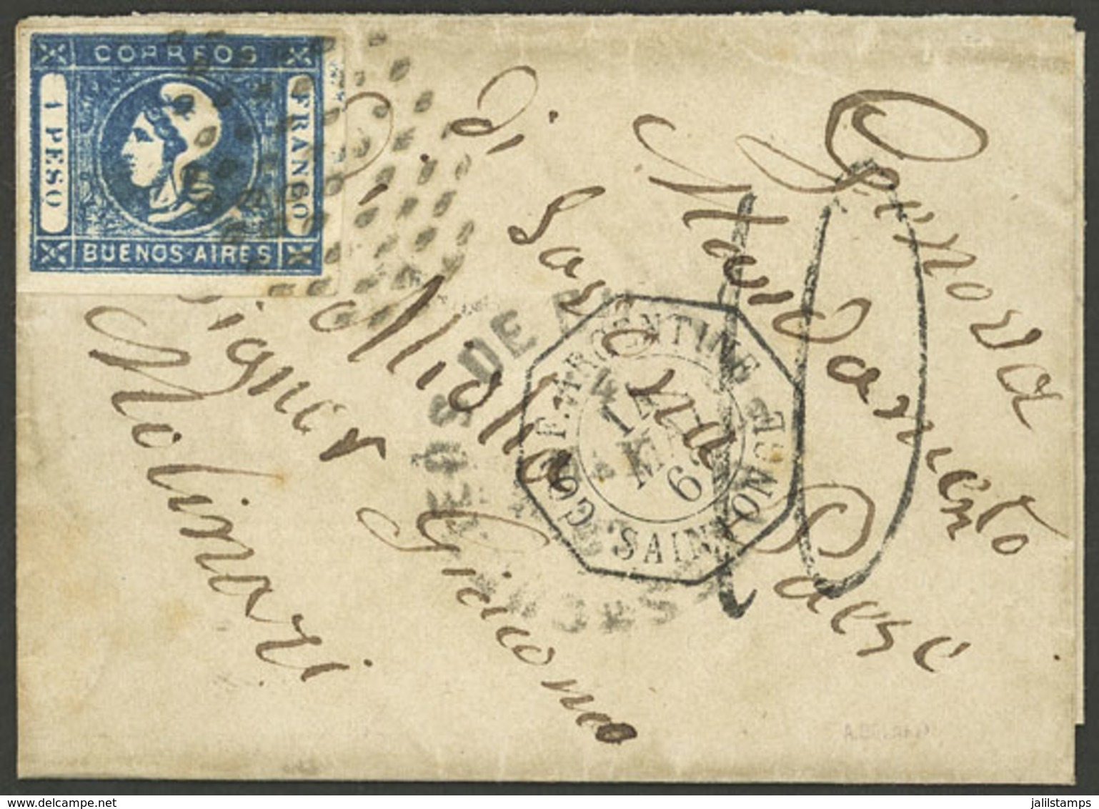 ARGENTINA: GJ.17c, 1P. Blue, With Variety "1 Without Period", Franking A Small Folded Cover Sent From Buenos Aires To It - Buenos Aires (1858-1864)