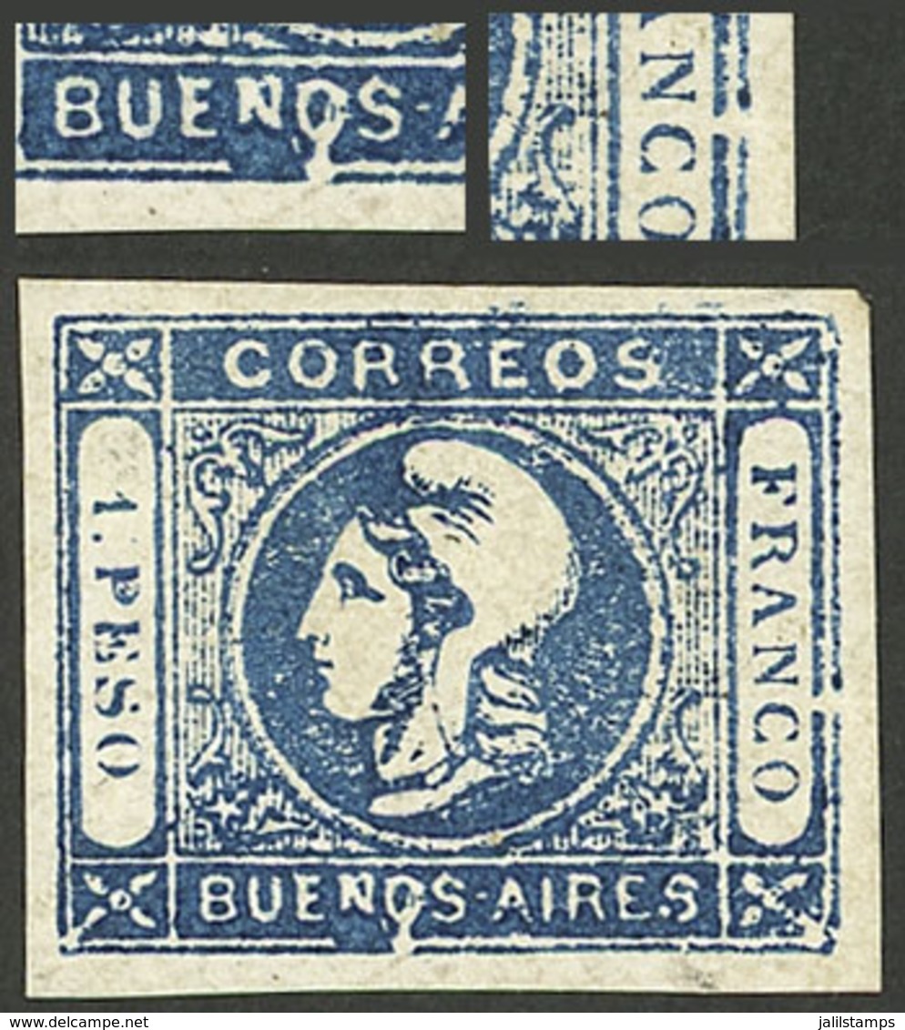 ARGENTINA: COMBINATION OF VARIETIES: GJ.17d + 17e, 1P. Dark Blue With 2 Varieties: "BUENQS" And "flaw On The Right Frame - Buenos Aires (1858-1864)