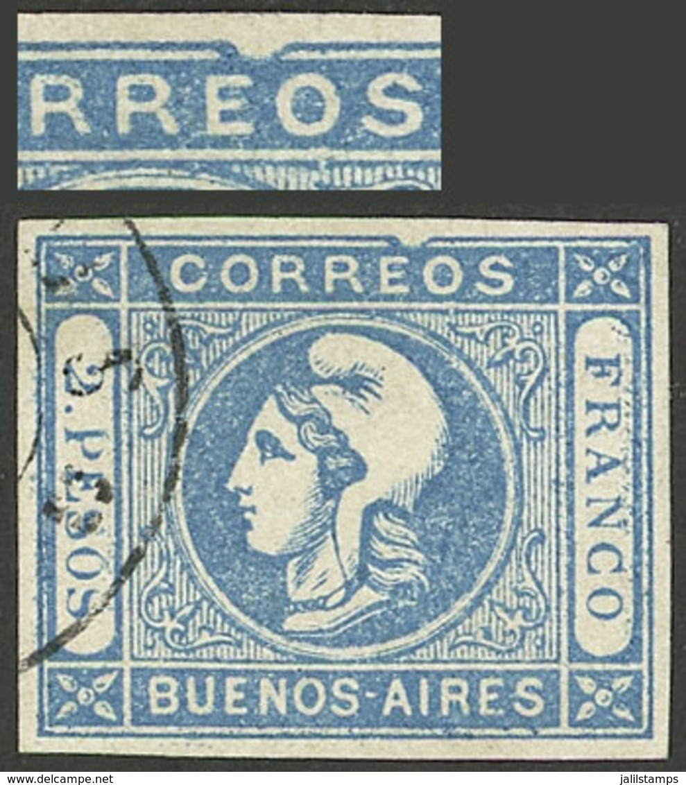 ARGENTINA: GJ.22a, 1862 2P. Blue With Variety "Top Frame Line Broken", Used, VF Quality!" - Buenos Aires (1858-1864)