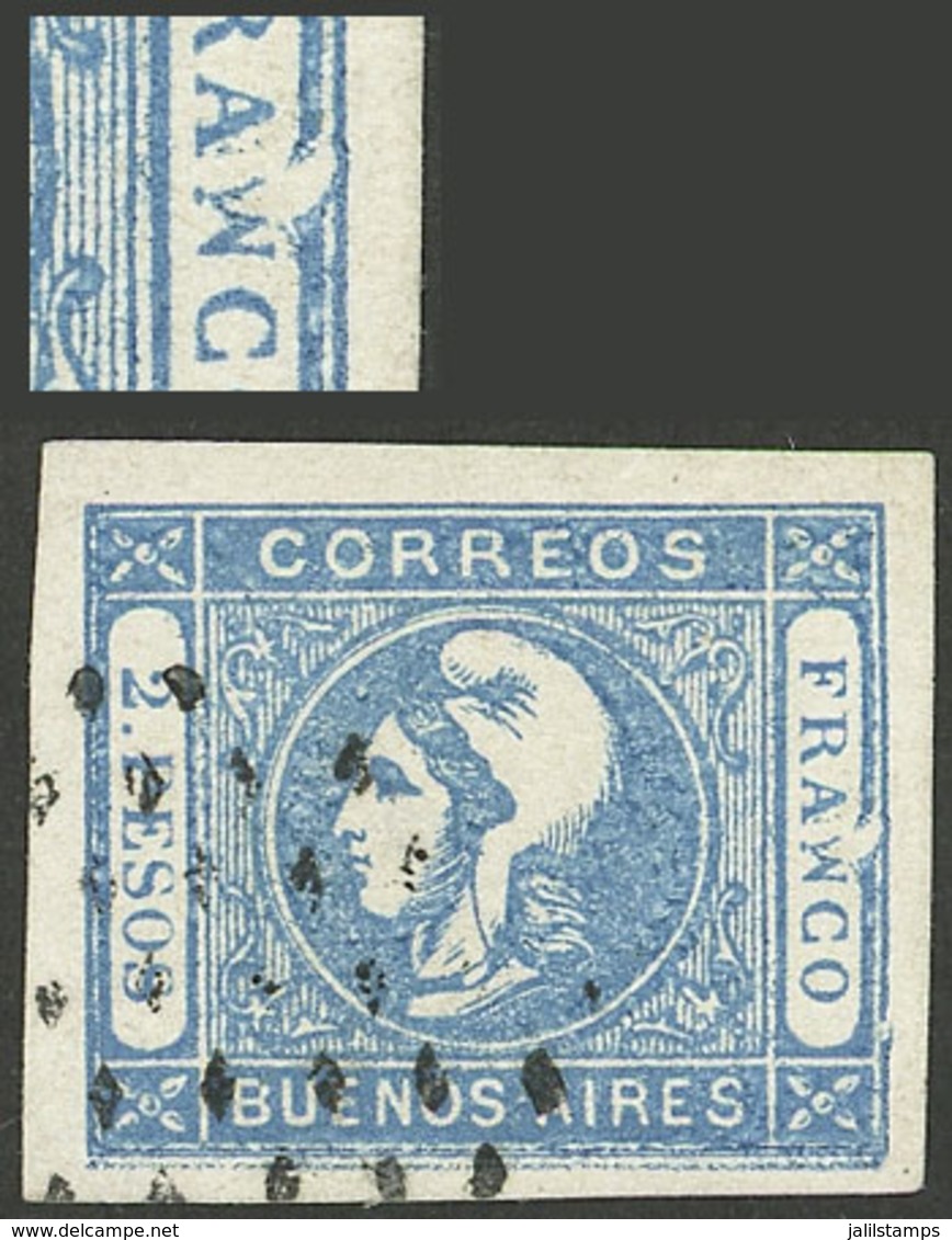 ARGENTINA: GJ.22c, 1862 2P. Blue With "FRAWCO" Variety (POSITION 47), Used, Excellent Quality, Signed By Victor Kneitsch - Buenos Aires (1858-1864)