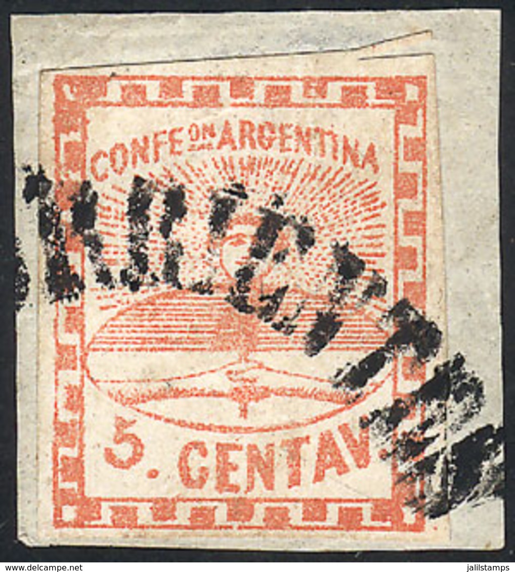 ARGENTINA: GJ.1, 5c. Tied On Fragment By CORRIENTES In Large Arch (+600%), Very Rare, Superb, Signed By Alberto Solari O - Usados