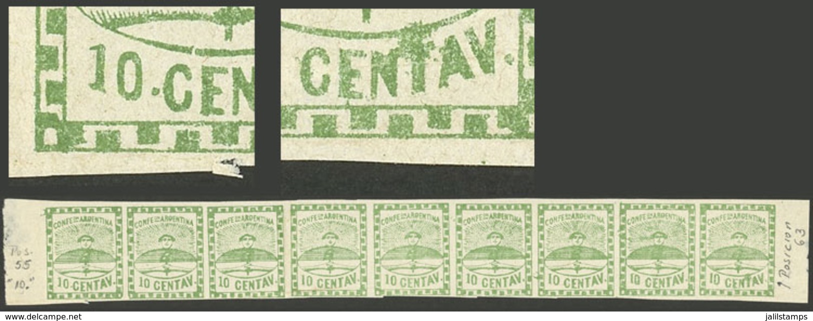 ARGENTINA: GJ.2a + 2e + 2f, 10c. Green, Strip With The 9 Types, The Left Example With Variety "Period After The 10", The - Usati
