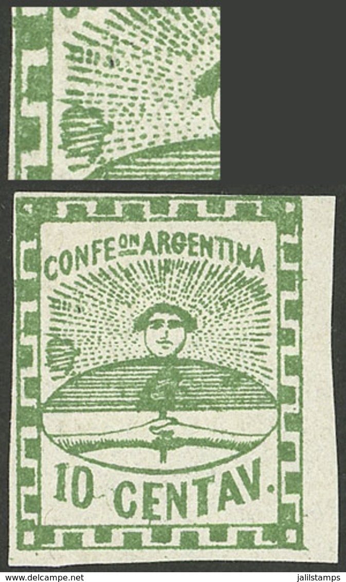 ARGENTINA: GJ.2Ac, 10c. DARK Green, With Variety: "Retouch In The Left Rays Of The Sun" (position 45 On The Left Half, P - Usati