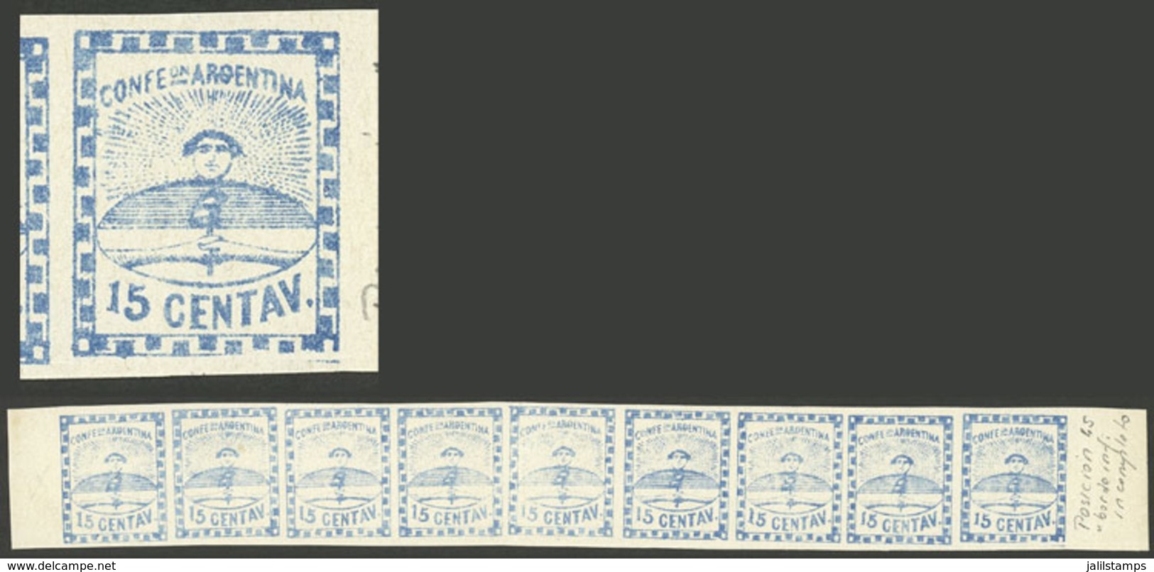 ARGENTINA: GJ.3a + 3h, 15c. Blue, Strip With The 9 Types, The Right Stamp With Variety "Bottom Frame Incomplete" (positi - Oblitérés