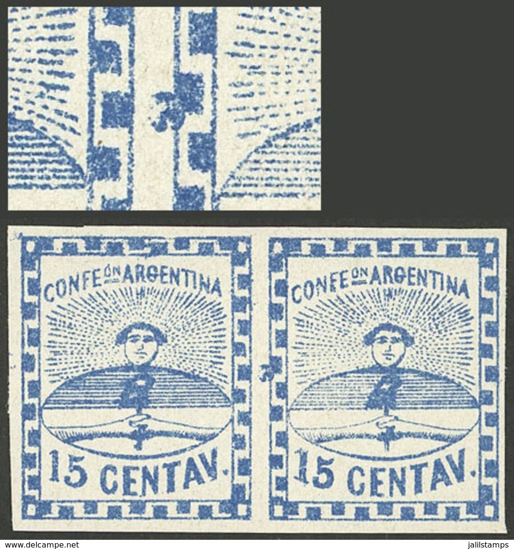 ARGENTINA: GJ.3d, 15c. Blue, Pair, The Right Stamp With Variety "Spot At Half The Left Frame" (position 25, Right Half,  - Oblitérés