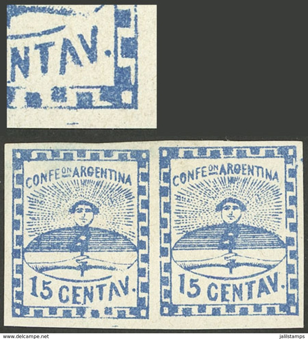 ARGENTINA: GJ.3e, 15c. Blue, Pair, The Left Stamp With Variety: "TAV Letters Retouched, Adjacent Oval Incomplete, And Sm - Gebruikt