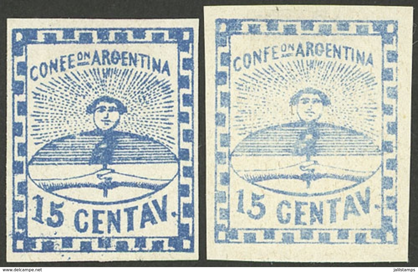 ARGENTINA: GJ.6, 15c. Large Figures, 2 Examples In Blue And Light Blue, Excellent Quality! - Used Stamps