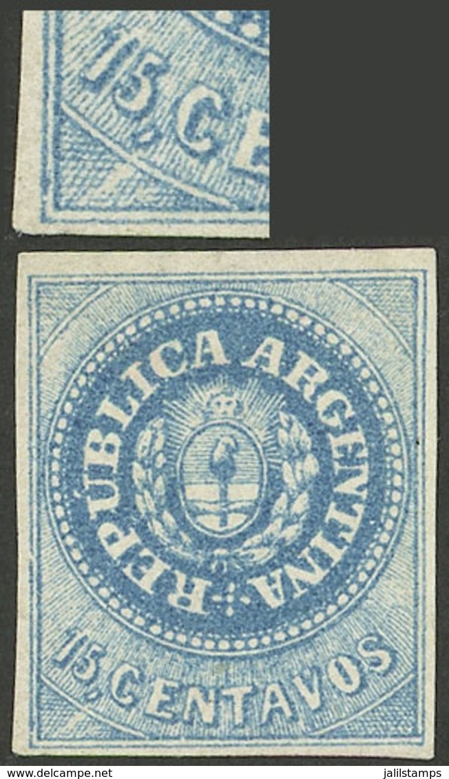 ARGENTINA: GJ.9d, 15c. Blue, With Plate Flaw In The Lined Background Of The Bottom Left Angle (before The Retouch), Exce - Neufs