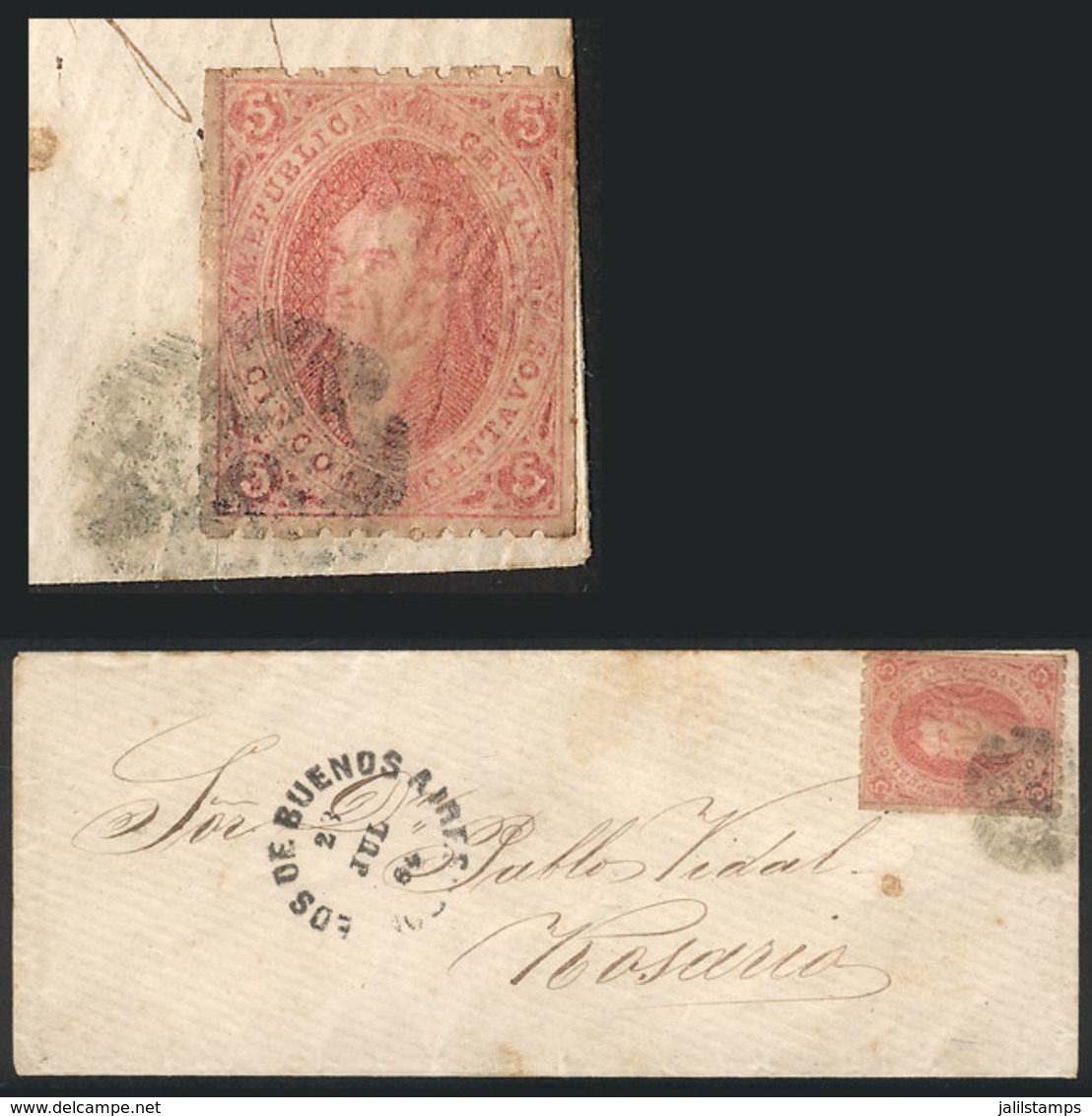 ARGENTINA: GJ.19, 1st Printing, Beautiful Example Franking A Cover Sent From Buenos Aires To Rosario On 23/JUL/1864, Wit - Brieven En Documenten