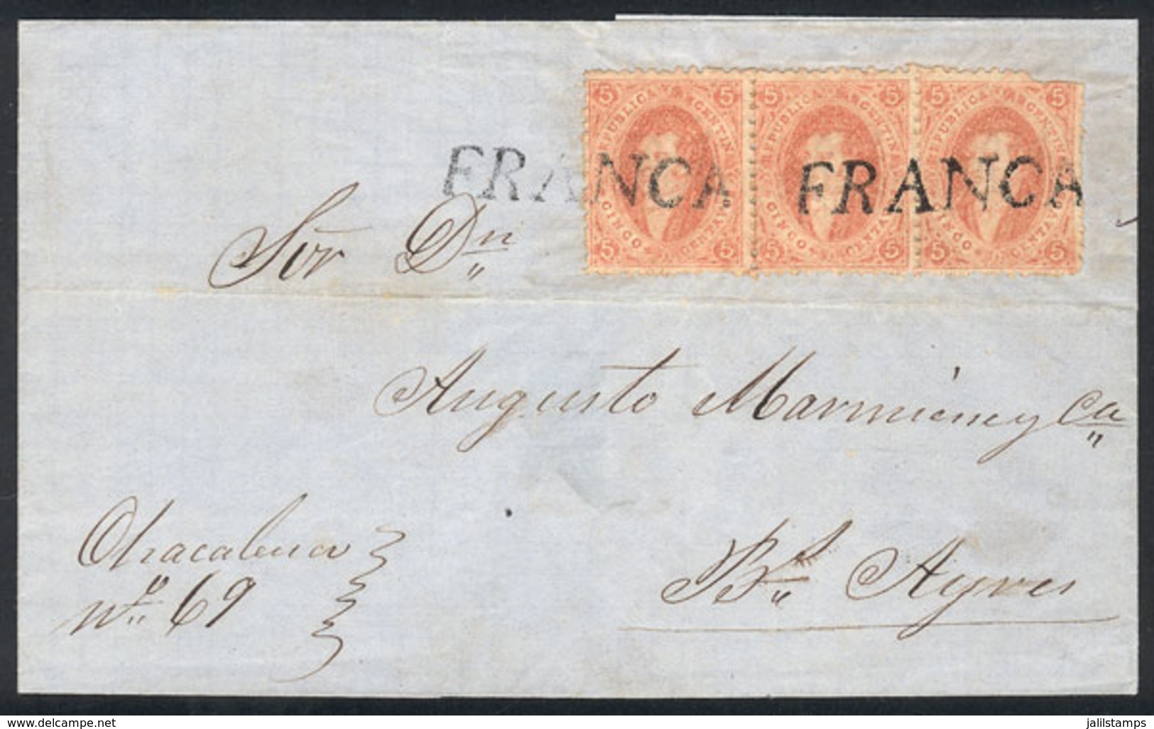 ARGENTINA: GJ.20, 3rd Printing, Beautiful Strip Of 3 (2 Superb Examples, The Right Stamp With Minor Corner Defect) Frank - Briefe U. Dokumente