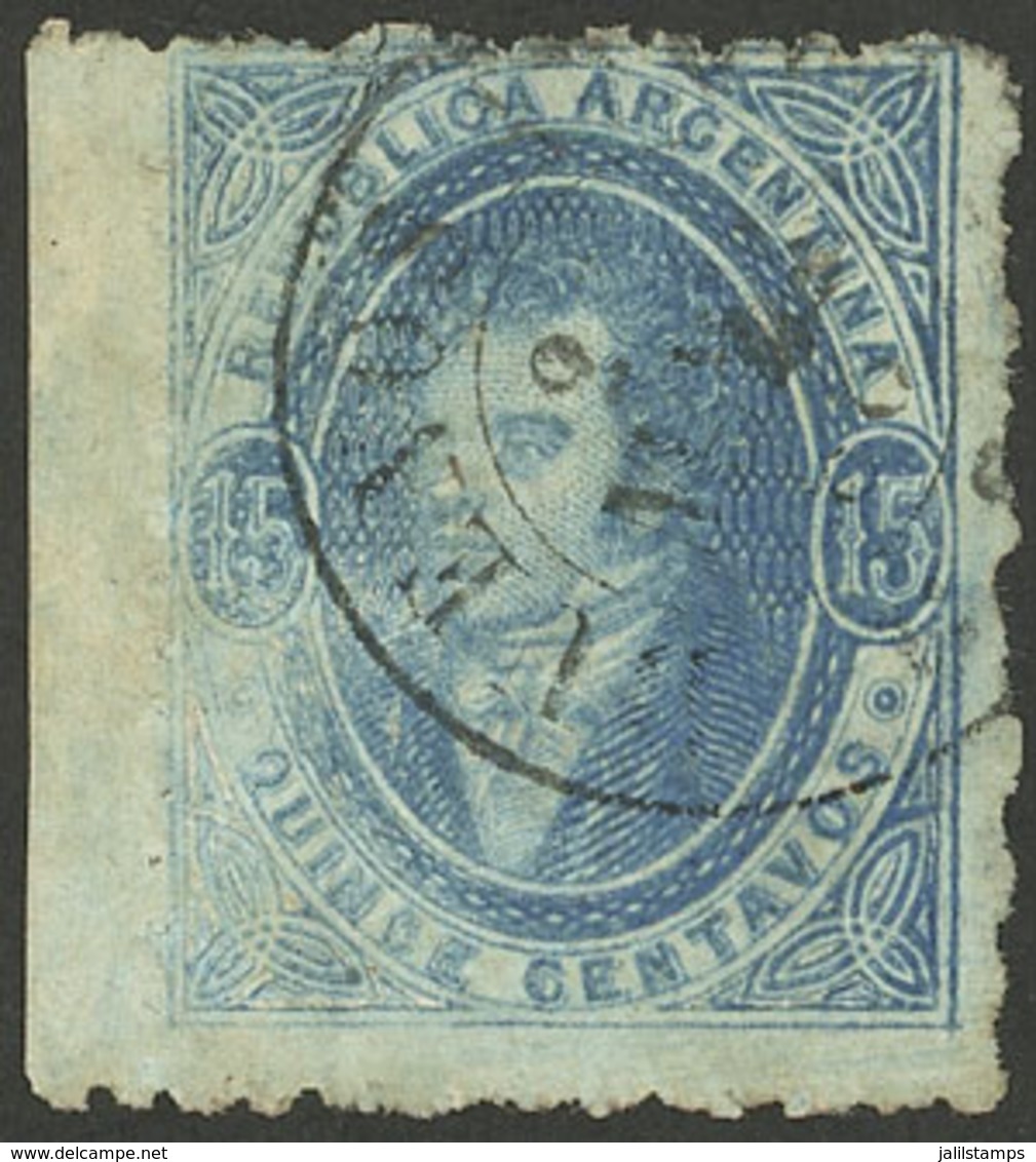 ARGENTINA: GJ.24, 15c. Worn Impression, In The Very Rare AZURE Color, With Wide Left Sheet Margin (extremely Rare In Use - Covers & Documents