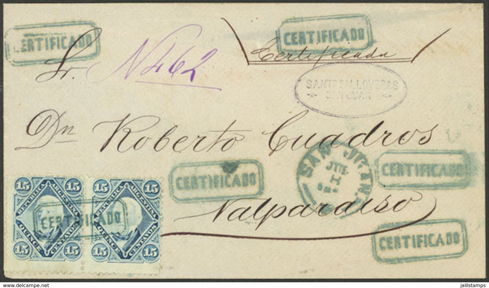 ARGENTINA: Registered Cover Sent To Valparaiso, Franked With Pair GJ.41 (15c. San Martín With Groundwork Of Horiz Lines) - Briefe U. Dokumente