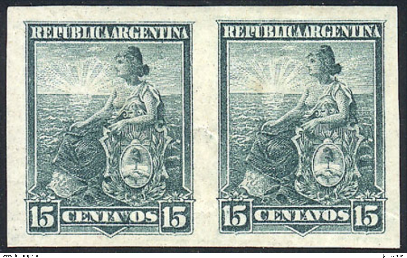 ARGENTINA: GJ.227P, 1899 15c. Liberty In IMPERFORATE PAIR, With Light Crease Visible From The Back, VF Front, Rare! - Storia Postale