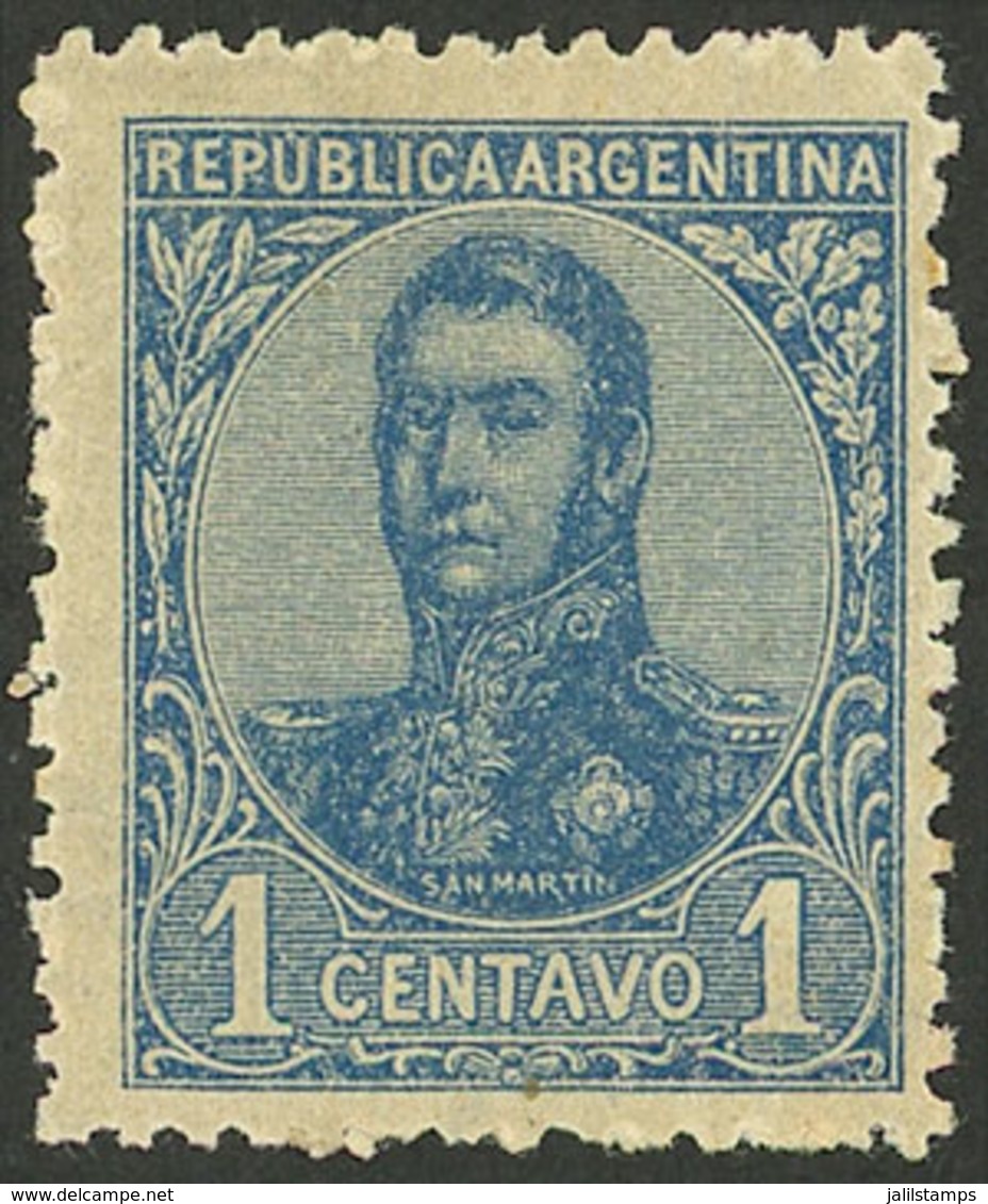 ARGENTINA: GJ.288, 1908 San Martín In Oval 1c. BLUE, Mint With Tiny Hinge Mark, Superb Example, Very Rare, Signed By Vic - Storia Postale