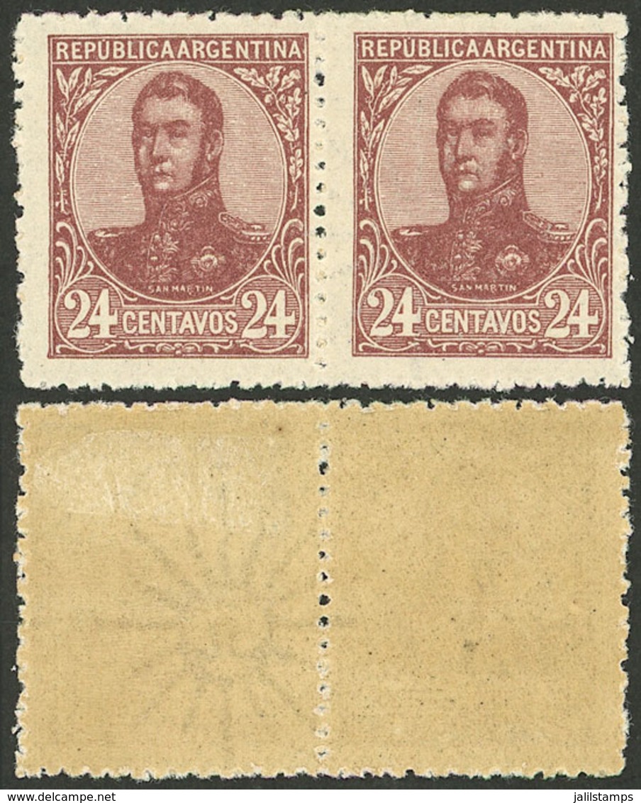 ARGENTINA: GJ.297b, 1908 24c. San Martín In Oval, Perf 13½, Pair WITH AND WITHOUT WATERMARK, Excellent Quality, Very Rar - Lettres & Documents