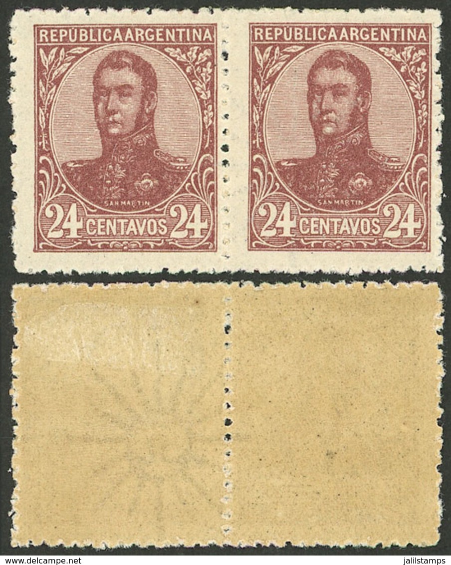 ARGENTINA: GJ.297b, 1908 24c. San Martín In Oval, Perf 13½, Pair WITH AND WITHOUT WATERMARK, Excellent Quality, Very Rar - Brieven En Documenten