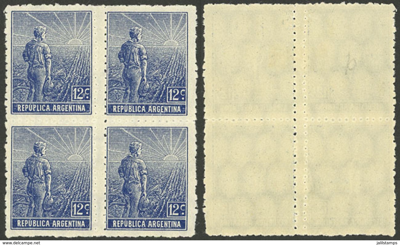 ARGENTINA: GJ.344, 1912 12c. Plowman, Block Of 4 With DOUBLE VERTICAL PERFORATION, Superb, Rare! - Storia Postale