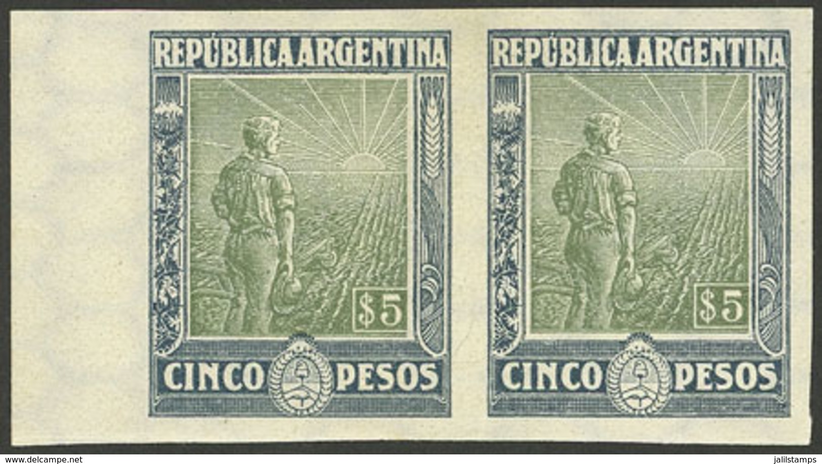 ARGENTINA: GJ.360P, 1912 5P. Plowman, IMPERFORATE PAIR, Excellent Quality, Very Rare! - Storia Postale