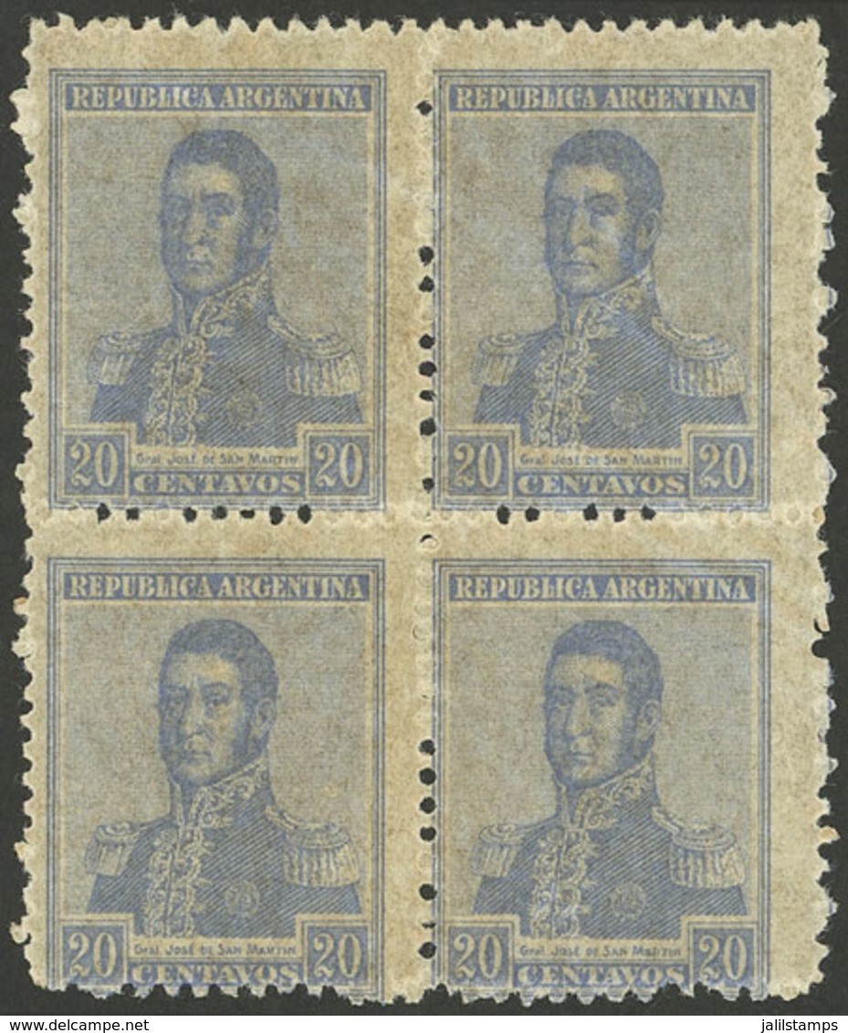 ARGENTINA: GJ.472A, 1918 20c. San Martín Without Watermark, Block Of 4 Perf 11½ (perforation Proof), The Bottom Stamps M - Briefe U. Dokumente