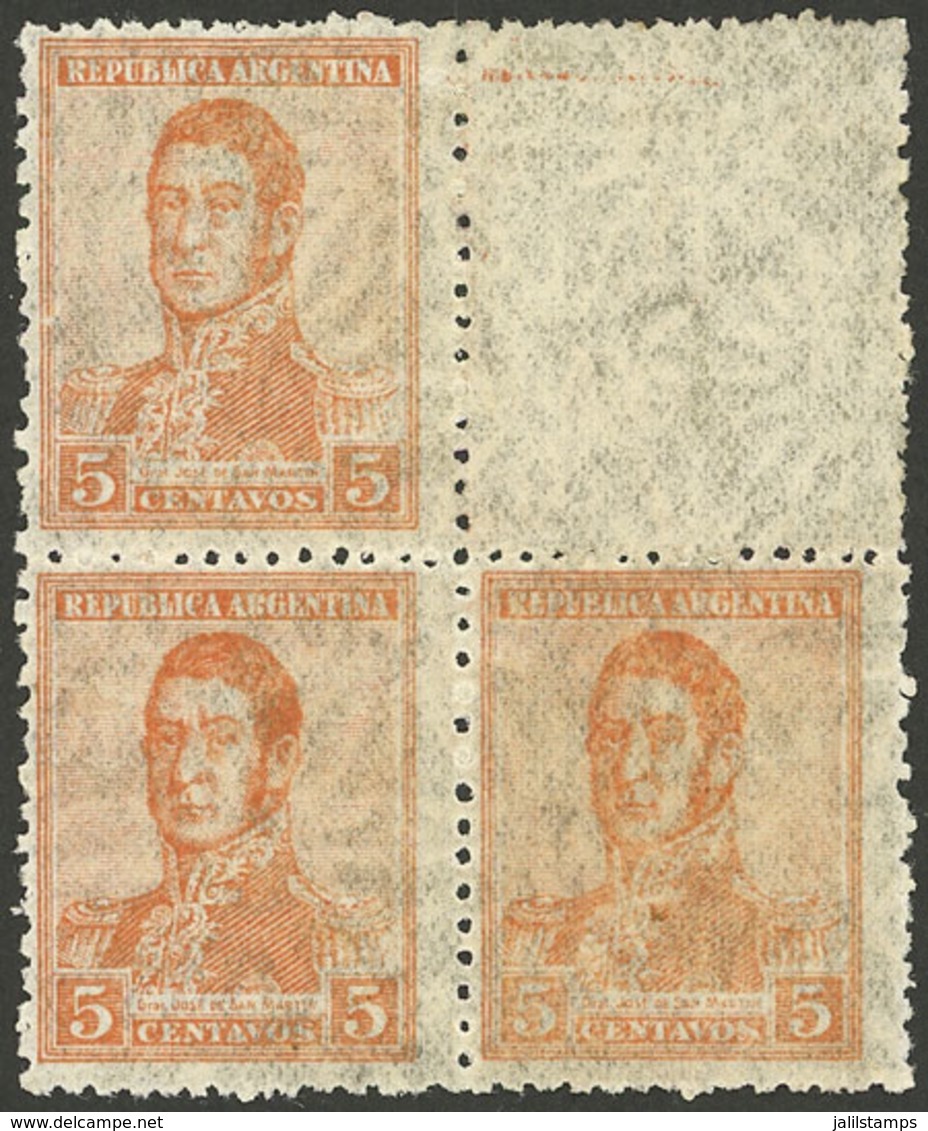 ARGENTINA: GJ.498SG, 1920 5c. San Martín With Multiple Suns Wmk, Block Of 4 PRINTED ON GUM, One Stamp Without Impression - Storia Postale