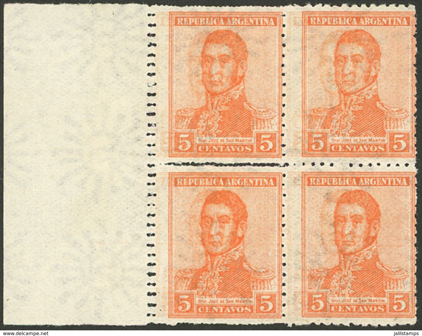 ARGENTINA: GJ.513a, 1920 5c. San Martín With Fiscal Sun Wmk, Block Of 4 With DOUBLE IMPRESSION And Also DOUBLE PERFORATI - Storia Postale