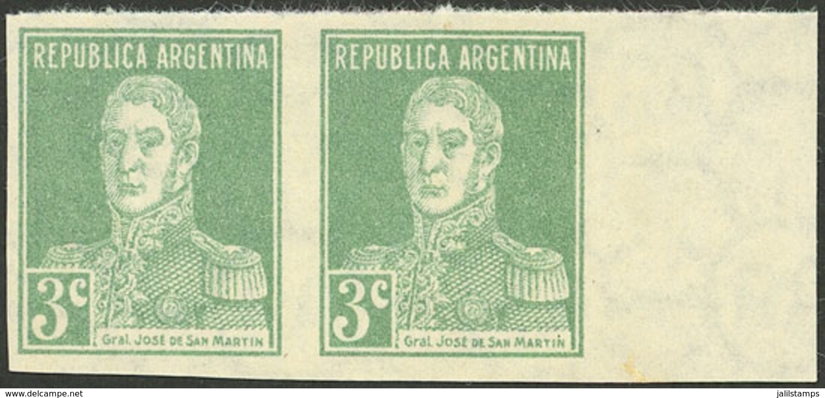 ARGENTINA: GJ.597P, 1924 3c. San Martín W/o Period, IMPERFORATE PAIR, Mint Without Gum, VF Quality! - Lettres & Documents