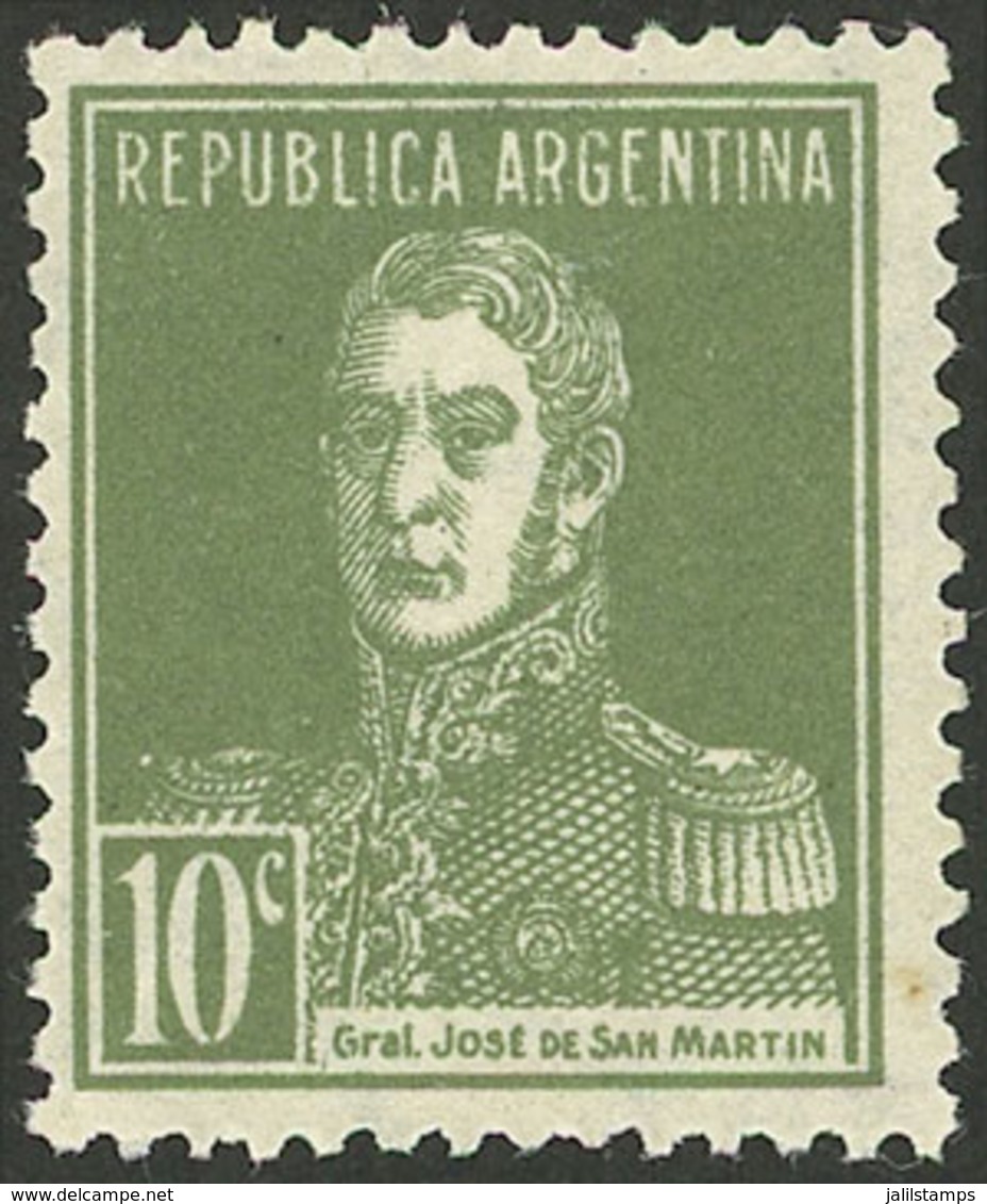 ARGENTINA: GJ.600A, 1924 10c. San Martín W/o Period, In The Rare OLIVE GREEN, Mint Lightly Hinged, Excellent Quality! - Storia Postale