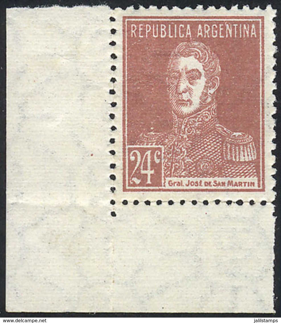 ARGENTINA: GJ.618, 1924 24c. San Martín W/o Period, Printed On RIBBED PAPER, Fantastic Corner Example, MNH (+50%), Possi - Storia Postale