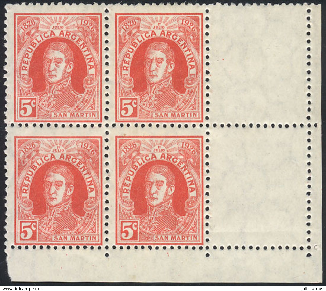 ARGENTINA: GJ.622CD, 1926 5c. San Martín, Block Of 4 With LABELS AT RIGHT, Very Nice! - Covers & Documents