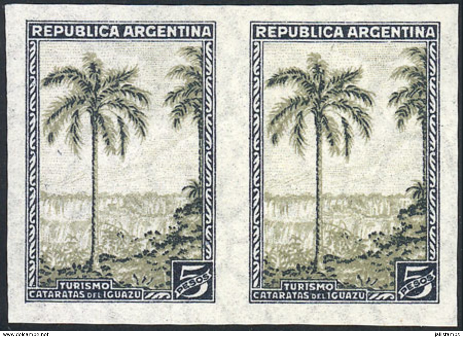 ARGENTINA: GJ.793P, 5P. Iguazú Falls, Watermark Sun With Straight Rays, IMPERFORATE PAIR, MNH (+30%), Excellent Quality! - Storia Postale